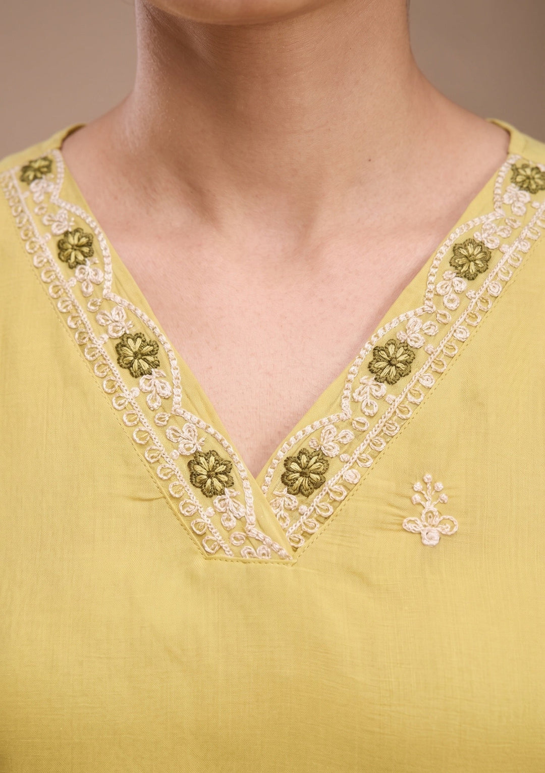 Lemon Yellow Threadwork Chanderi Readymade Salwar Suit