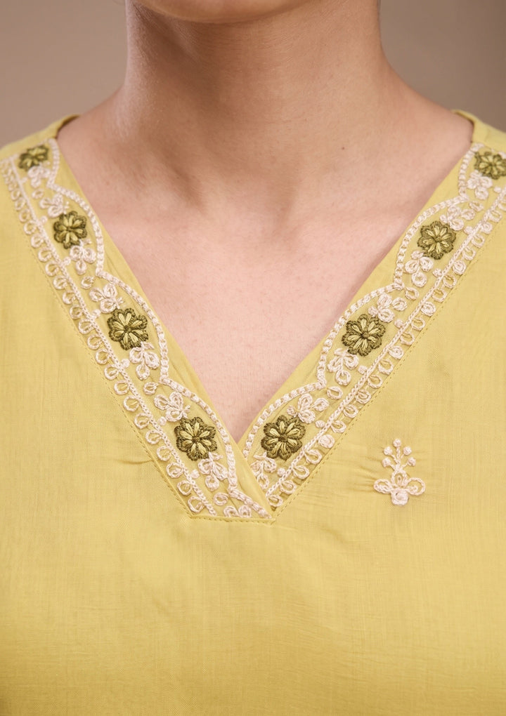Lemon Yellow Threadwork Chanderi Readymade Salwar Suit