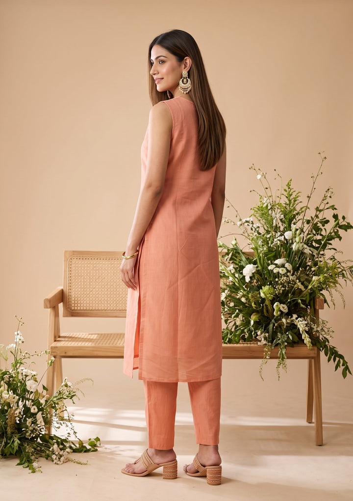 Peach Threadwork Chanderi Readymade Salwar Suit