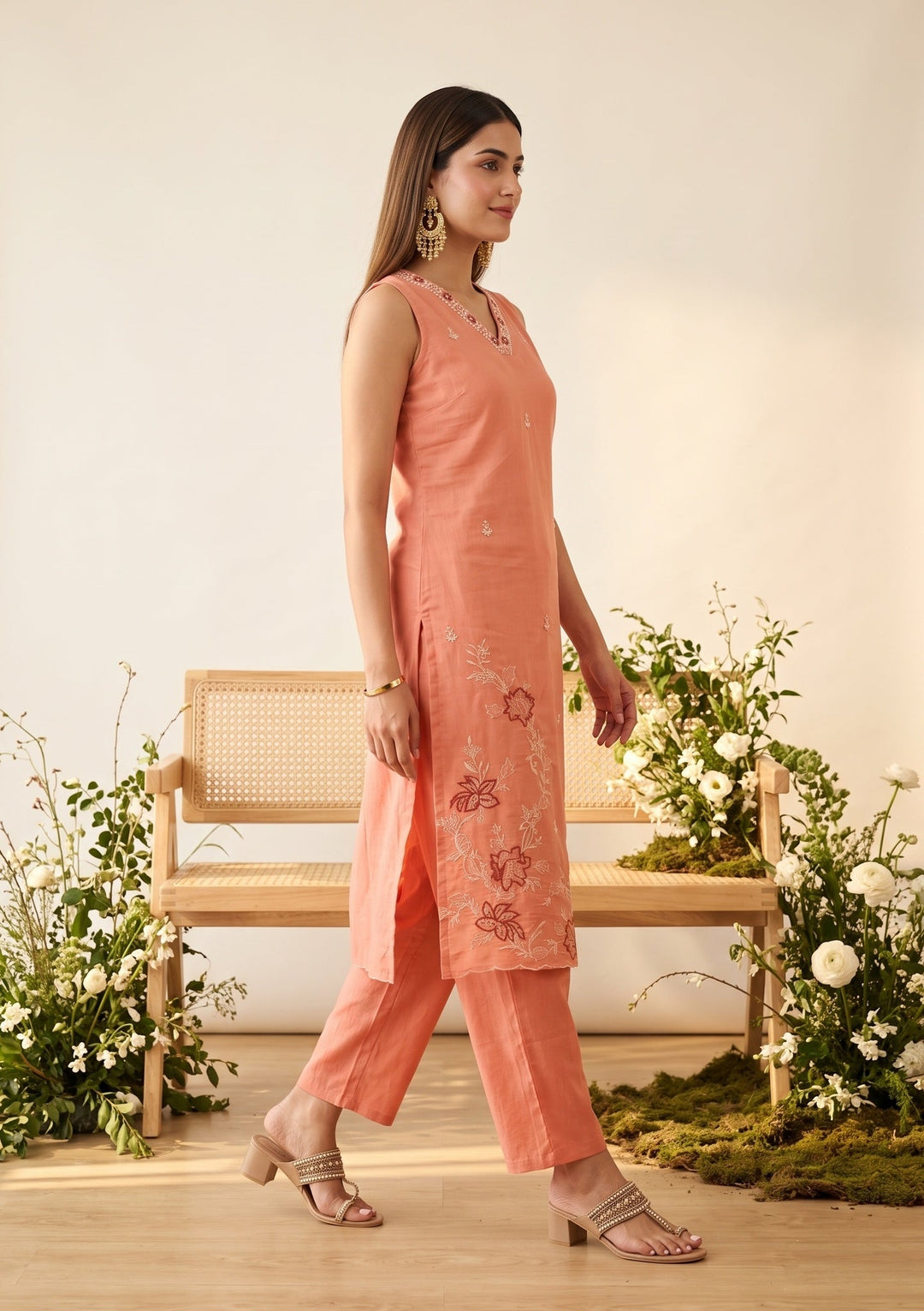 Peach Threadwork Chanderi Readymade Salwar Suit