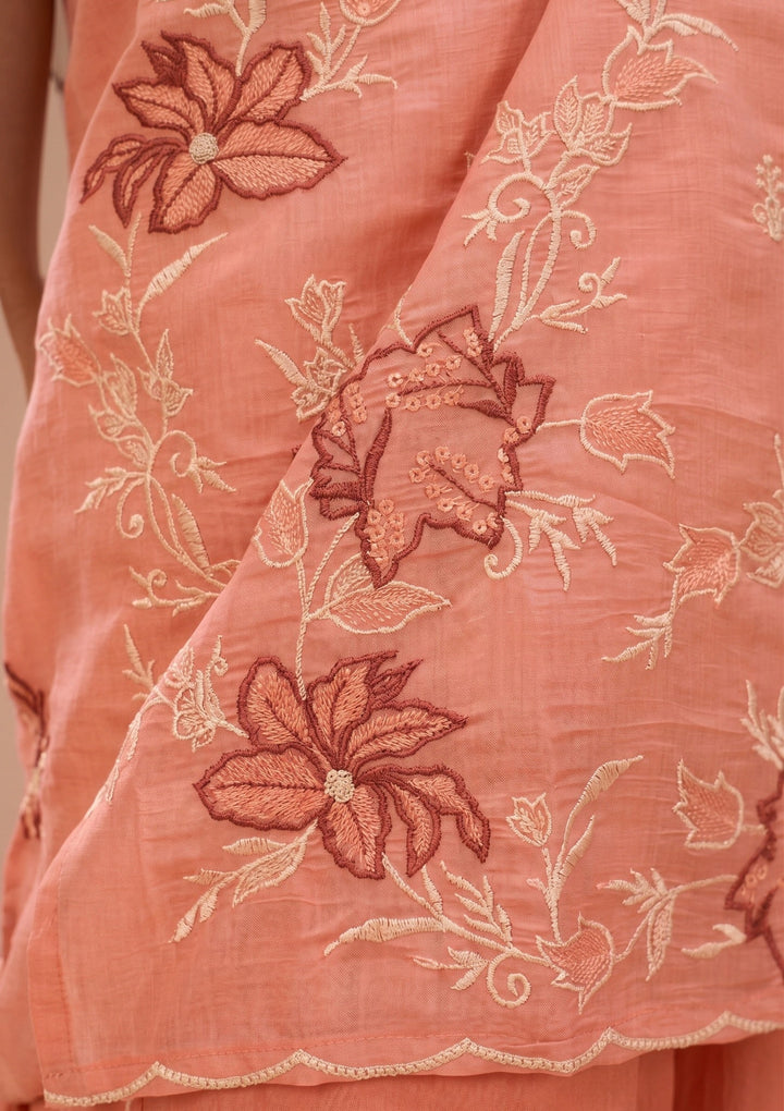 Peach Threadwork Chanderi Readymade Salwar Suit