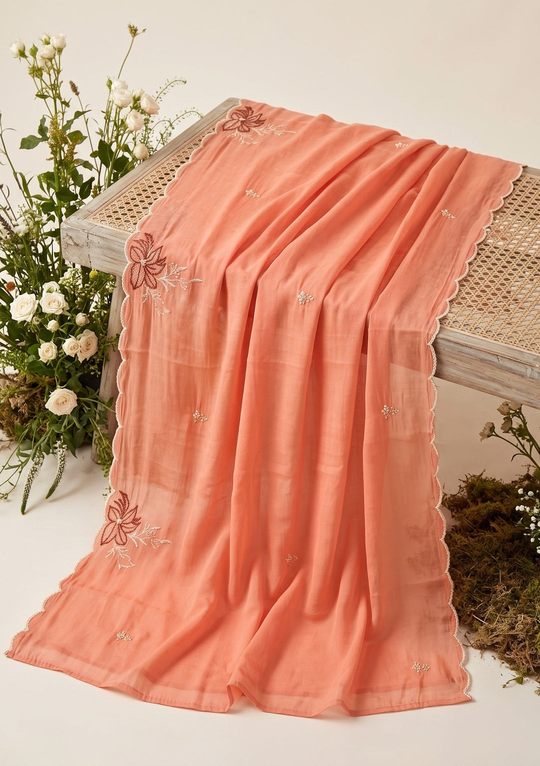 Peach Threadwork Chanderi Readymade Salwar Suit