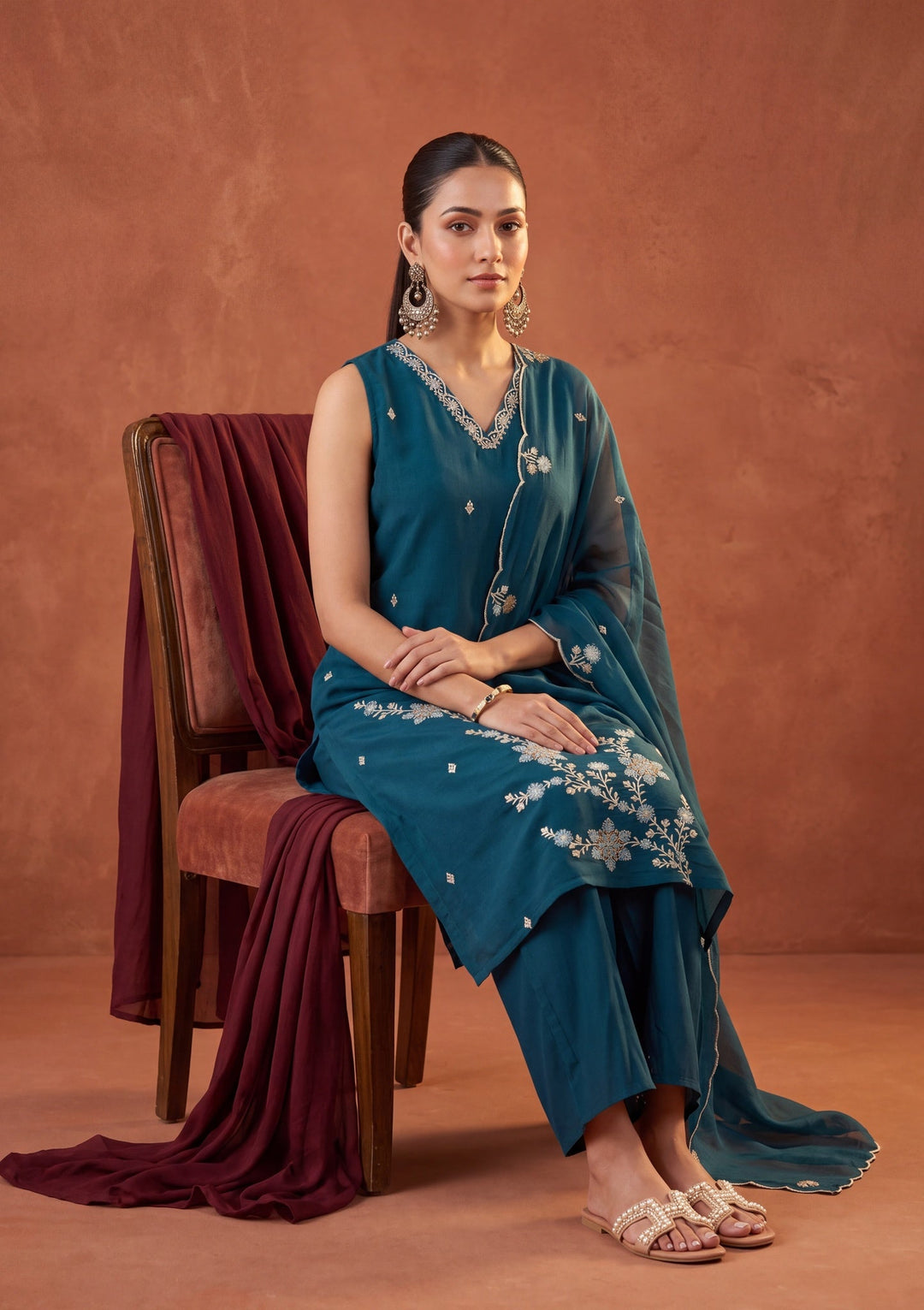 Peacock Blue Threadwork Chanderi Readymade Salwar Suit