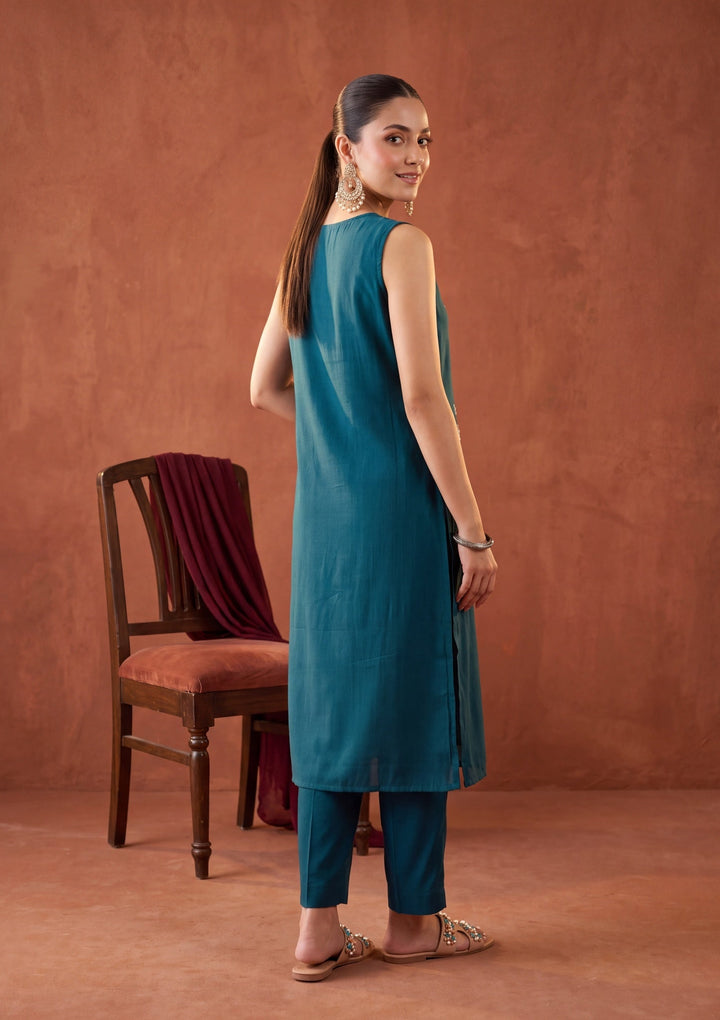 Peacock Blue Threadwork Chanderi Readymade Salwar Suit