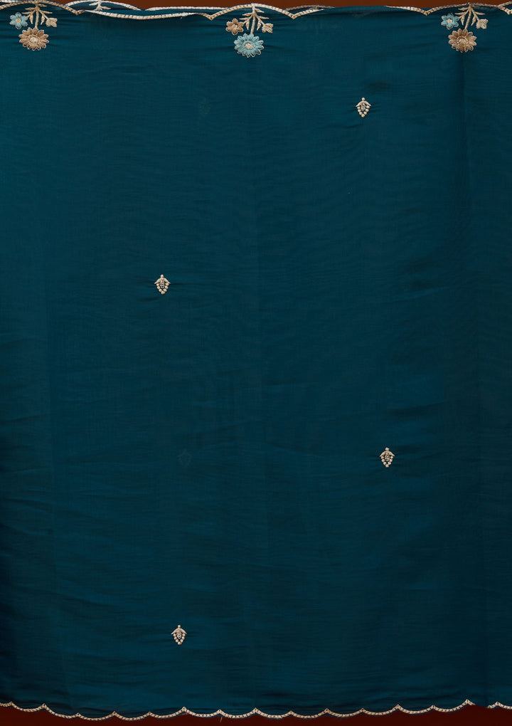 Peacock Blue Threadwork Chanderi Readymade Salwar Suit