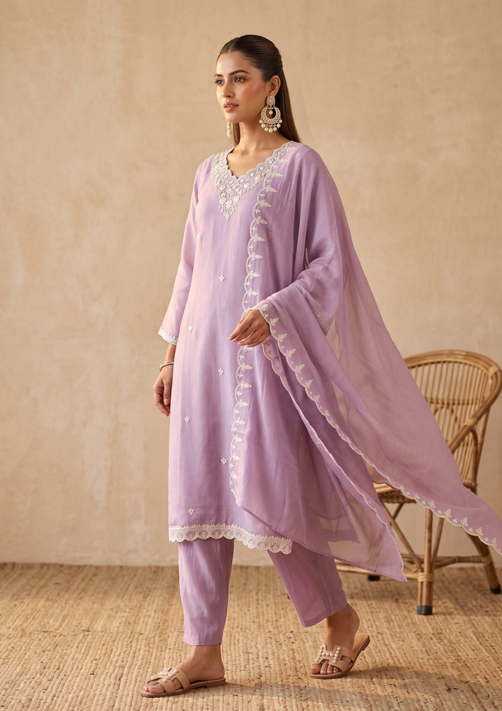 Light Lavender Threadwork Chanderi Readymade Salwar Suit