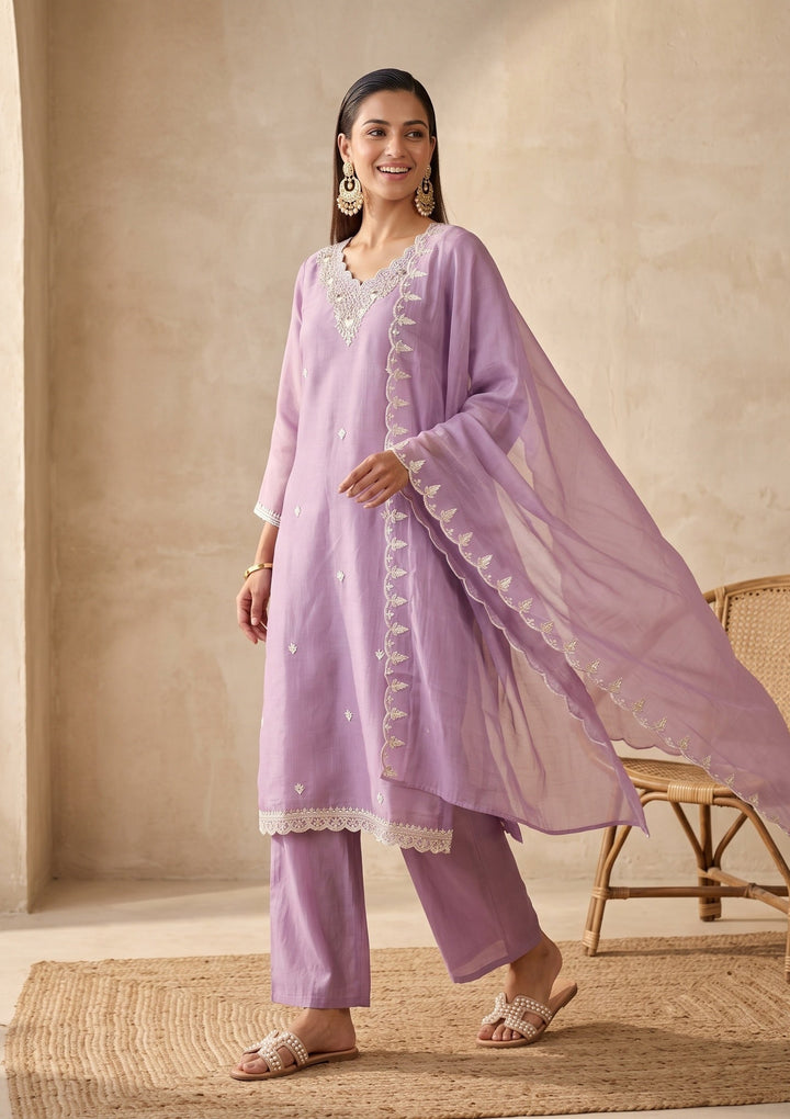 Light Lavender Threadwork Chanderi Readymade Salwar Suit
