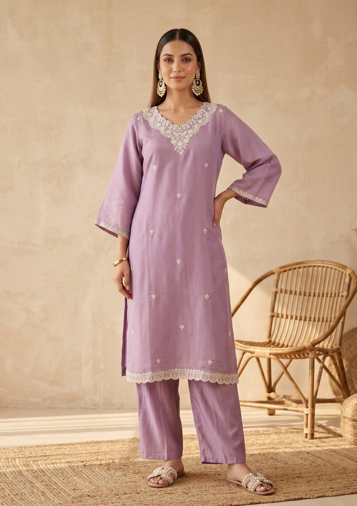 Light Lavender Threadwork Chanderi Readymade Salwar Suit