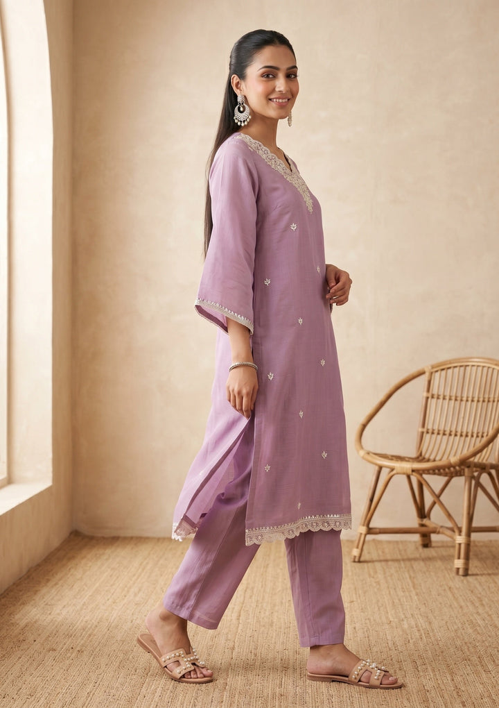 Light Lavender Threadwork Chanderi Readymade Salwar Suit