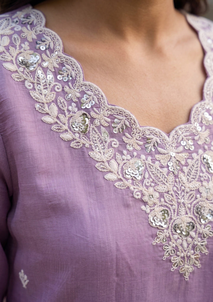 Light Lavender Threadwork Chanderi Readymade Salwar Suit