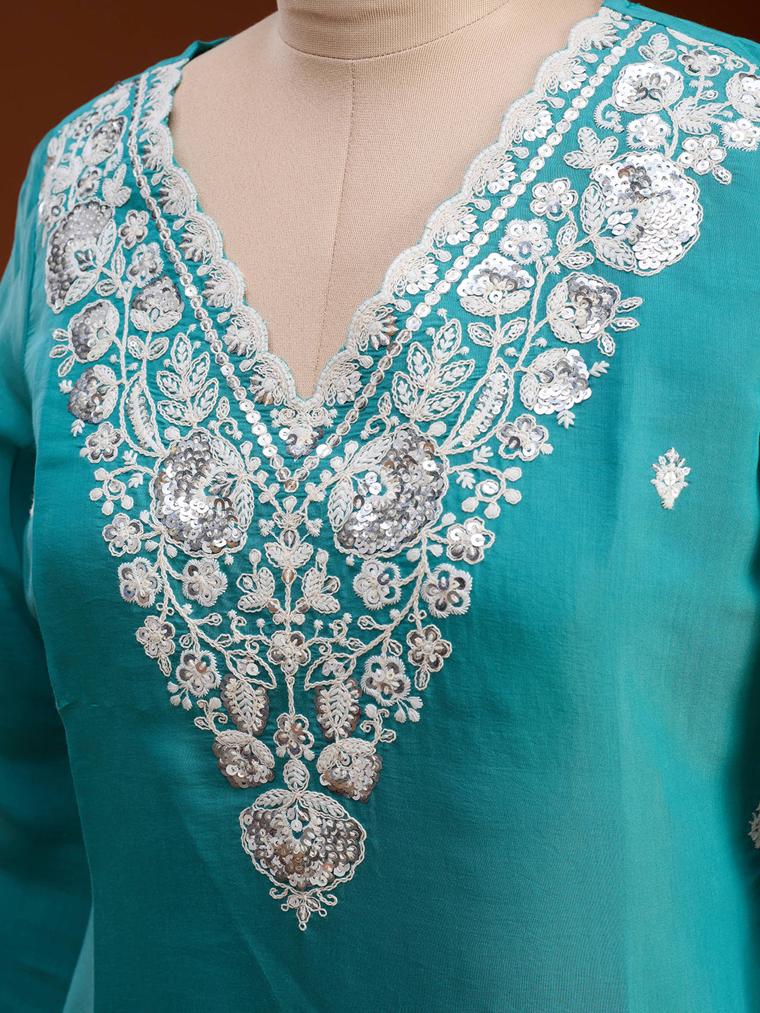Sea Green Soft Raw Silk Threadwork Straight Kurta With Regular Pant And Dupatta