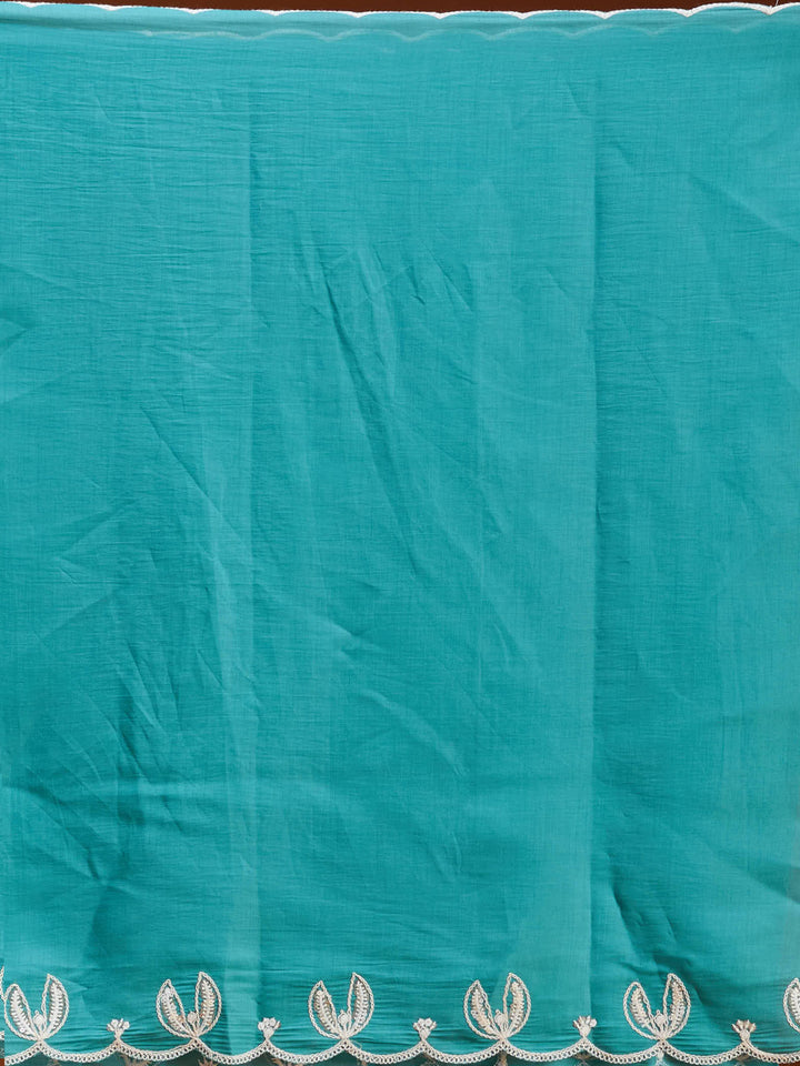 Sea Green Soft Raw Silk Threadwork Straight Kurta With Regular Pant And Dupatta