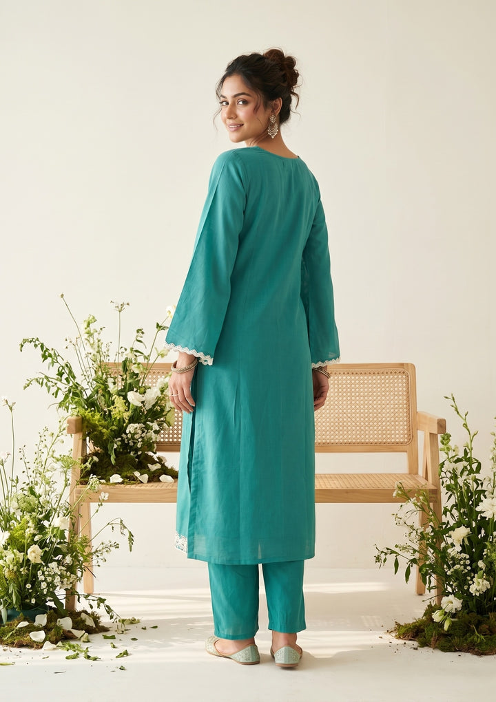 Sea Green Soft Raw Silk Threadwork Straight Kurta With Regular Pant And Dupatta