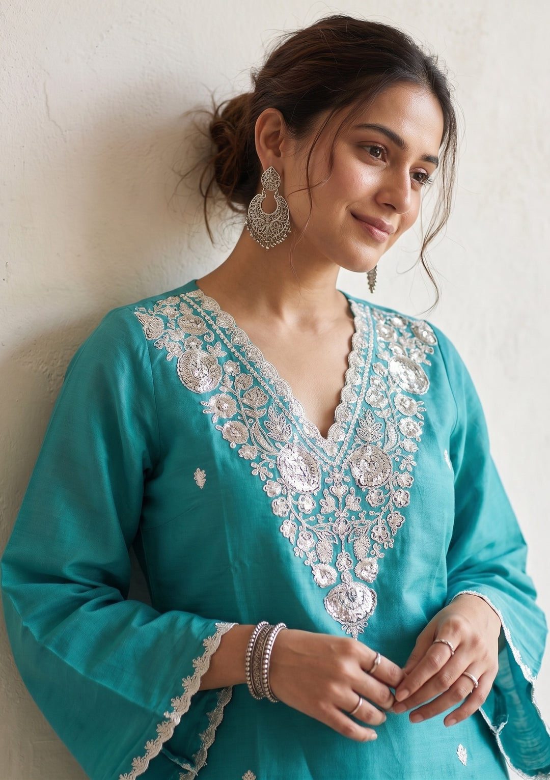 Sea Green Soft Raw Silk Threadwork Straight Kurta With Regular Pant And Dupatta