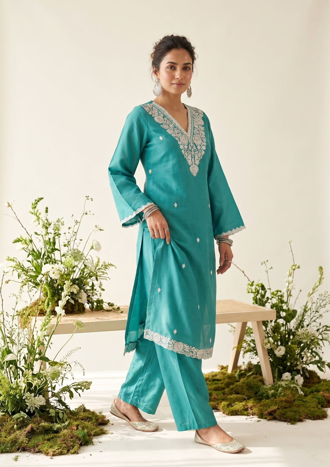 Sea Green Soft Raw Silk Threadwork Straight Kurta With Regular Pant And Dupatta