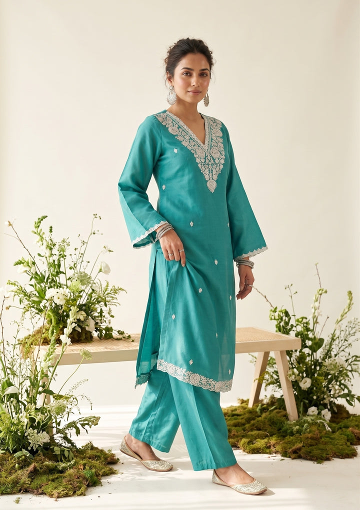Sea Green Soft Raw Silk Threadwork Straight Kurta With Regular Pant And Dupatta