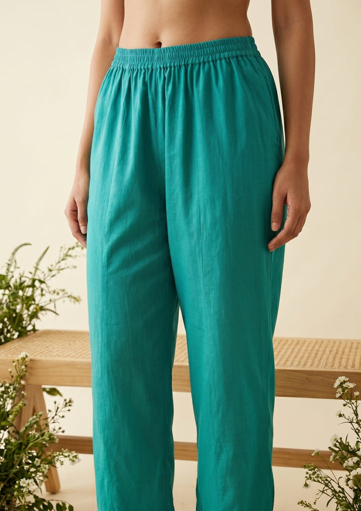 Sea Green Soft Raw Silk Threadwork Straight Kurta With Regular Pant And Dupatta