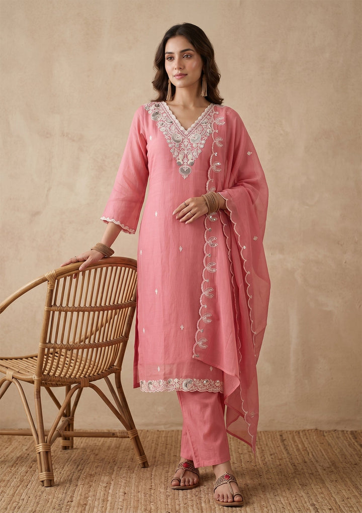Gajari Pink Threadwork Chanderi Readymade Salwar Suit