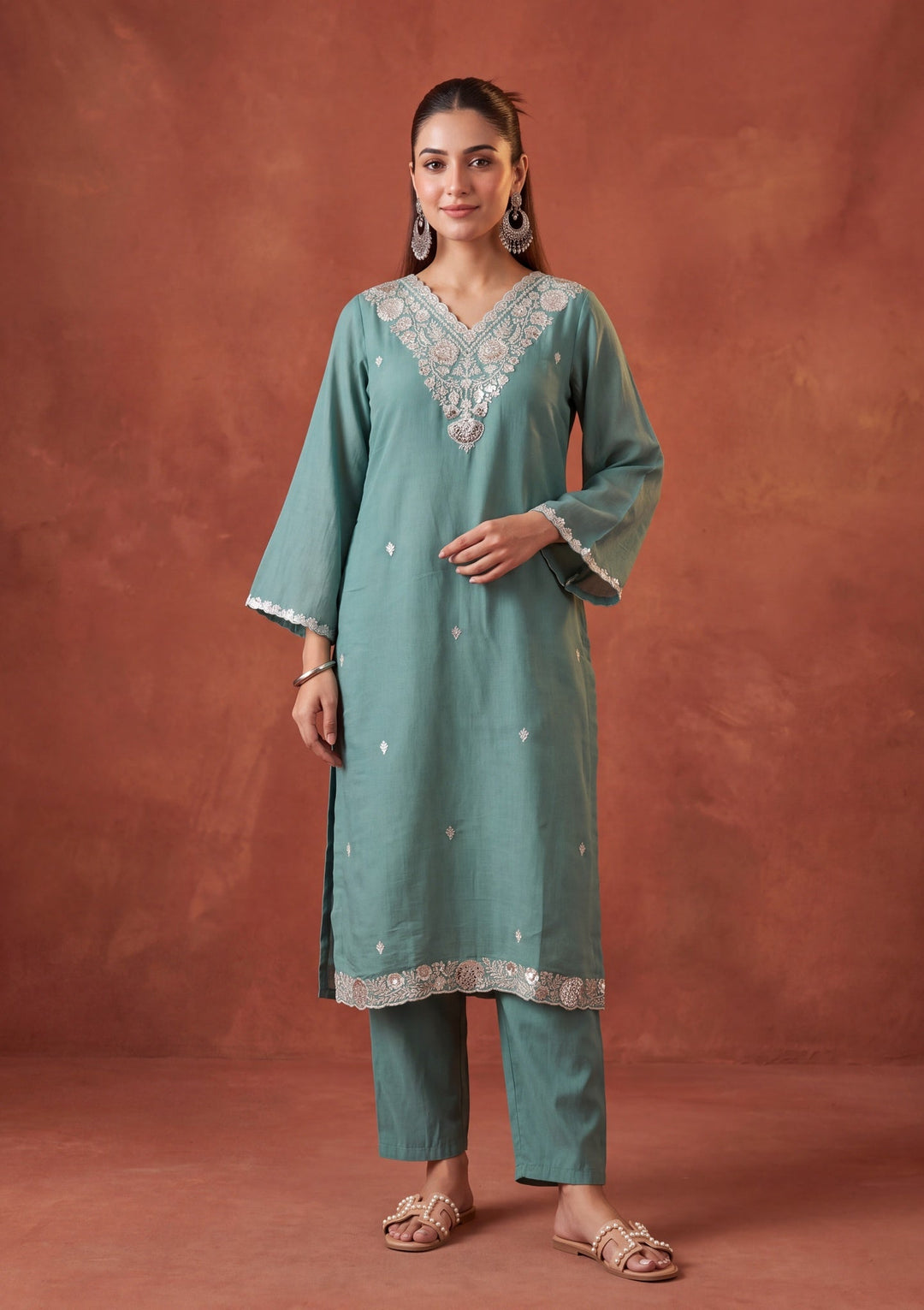 Sea Green Threadwork Chanderi Readymade Salwar Suit