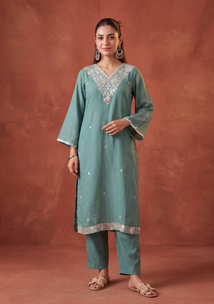 Sea Green Threadwork Chanderi Readymade Salwar Suit