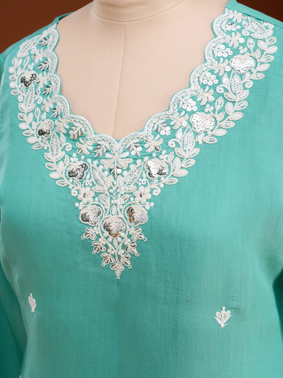 Sea Green Soft Raw Silk Threadwork Straight Kurta With Regular Pant And Dupatta