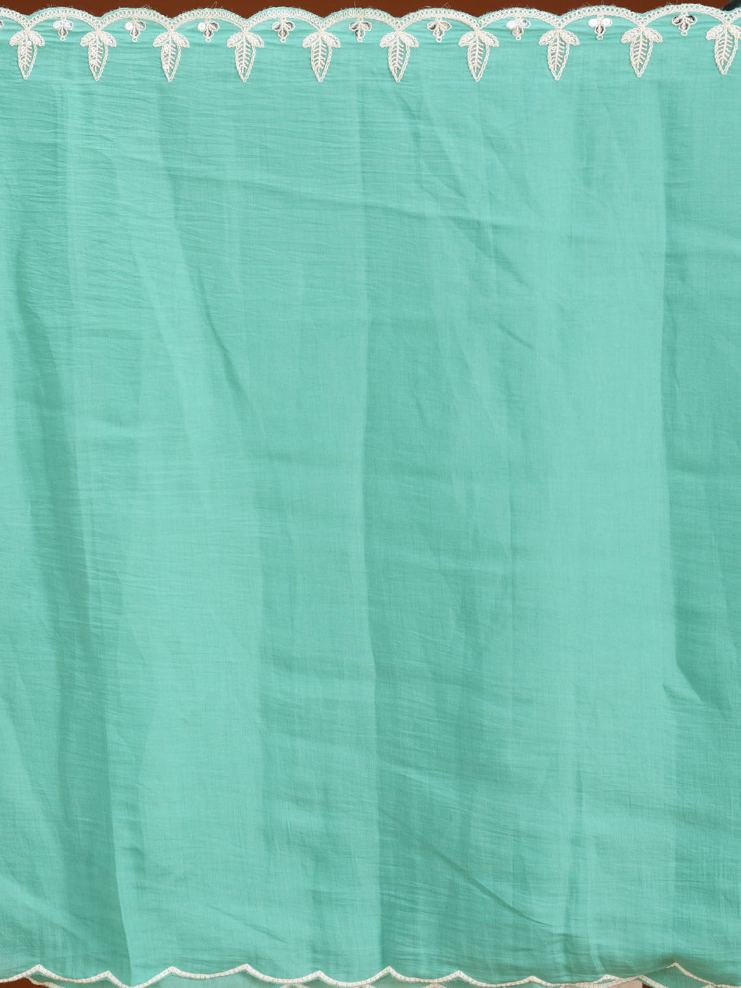 Sea Green Soft Raw Silk Threadwork Straight Kurta With Regular Pant And Dupatta