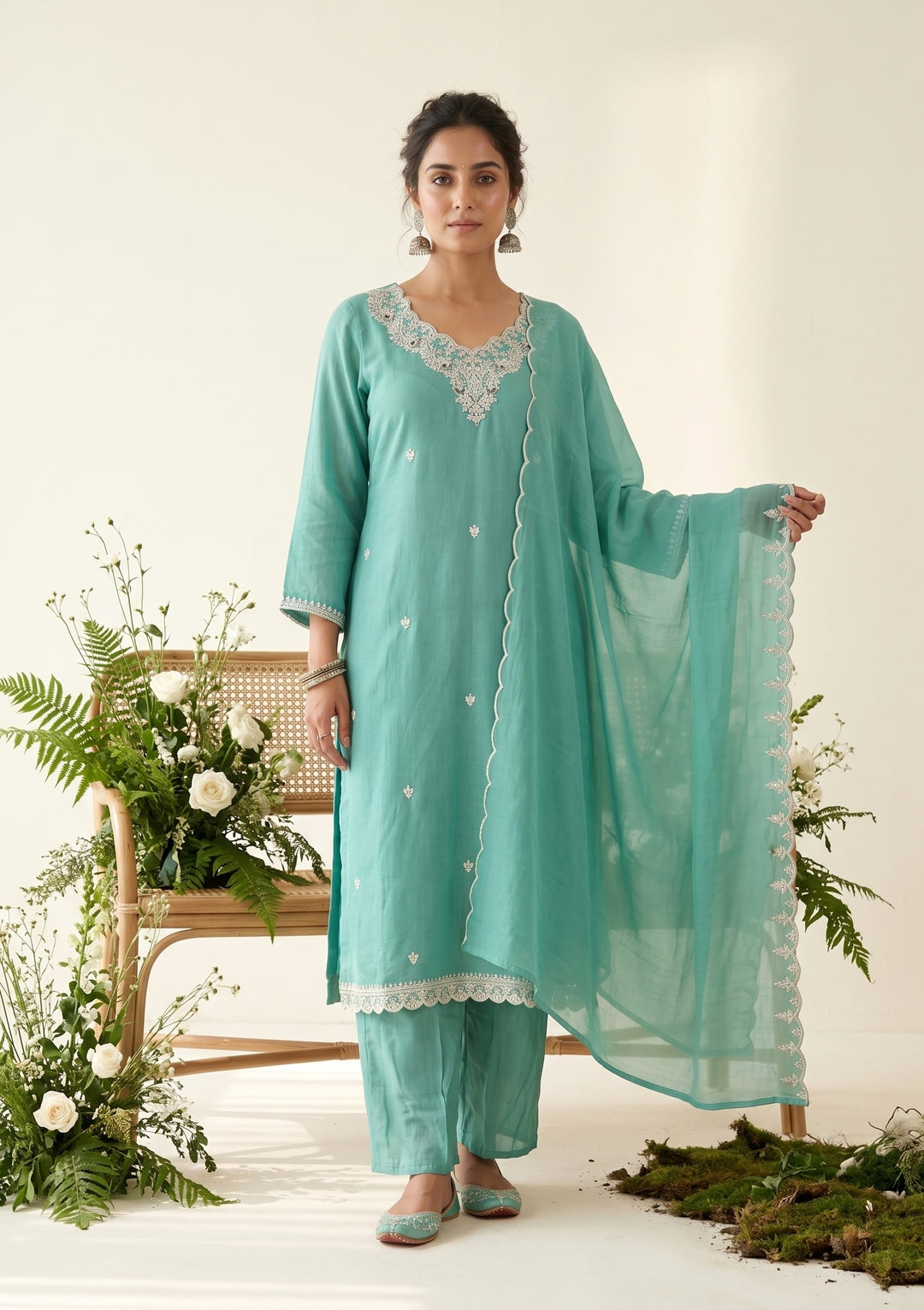 Sky Blue Chanderi Threadwork Straight Kurta With Pant Regular And Dupatta