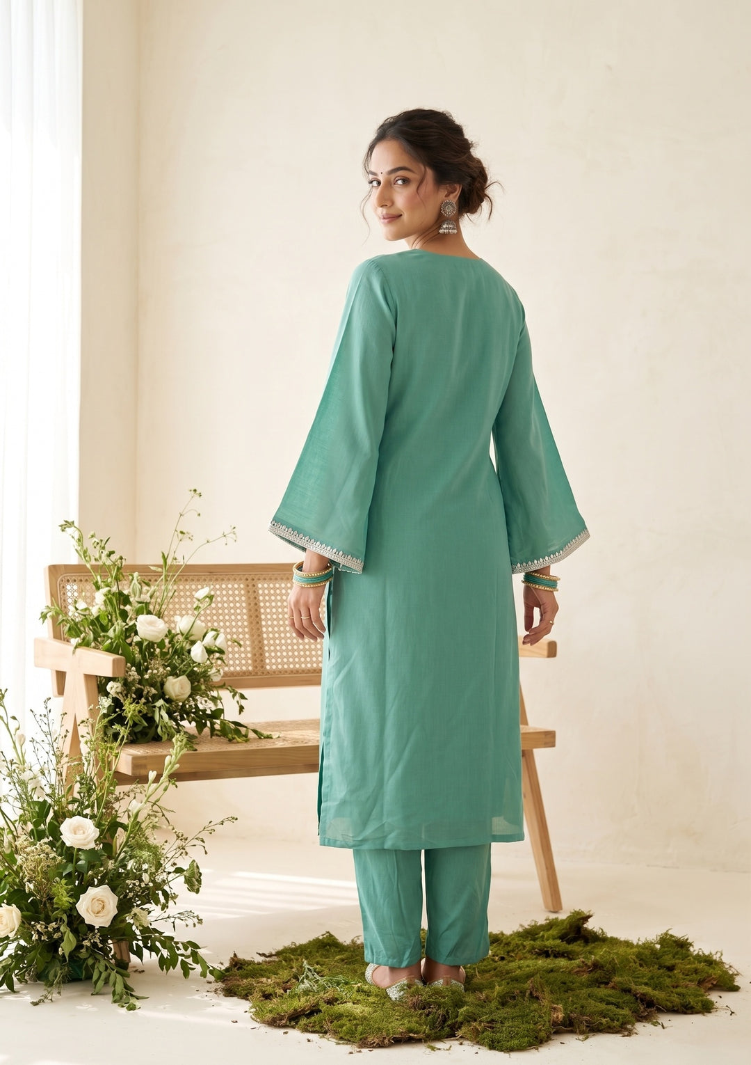 Sky Blue Chanderi Threadwork Straight Kurta With Pant Regular And Dupatta