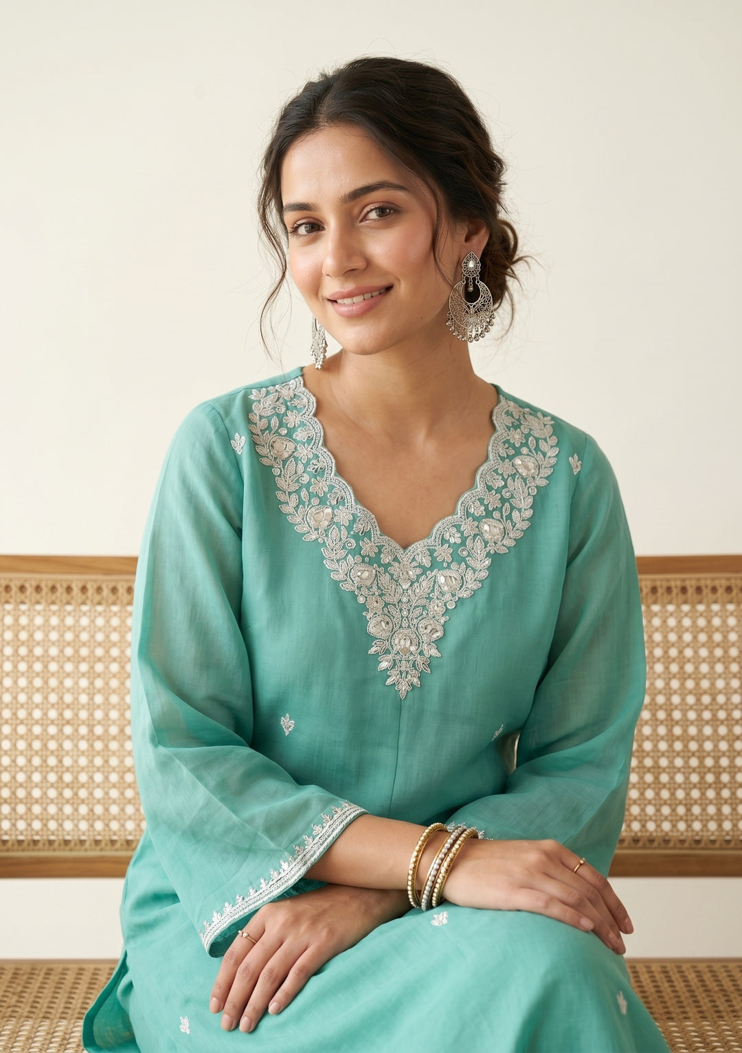 Sky Blue Chanderi Threadwork Straight Kurta With Pant Regular And Dupatta