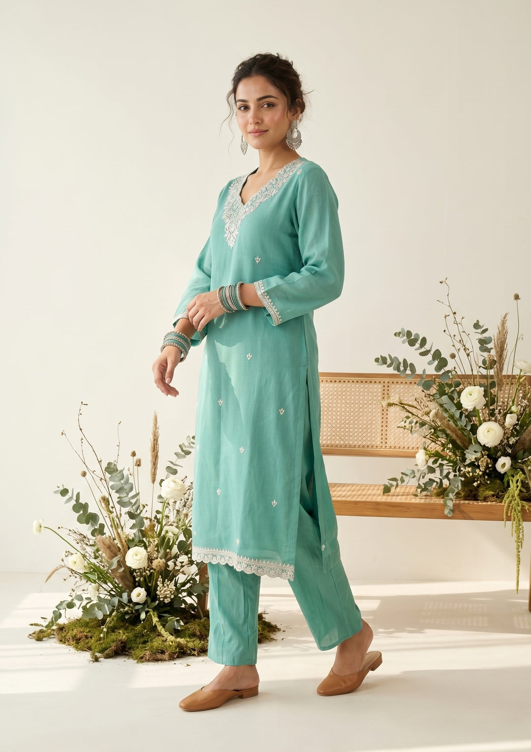 Sky Blue Chanderi Threadwork Straight Kurta With Pant Regular And Dupatta