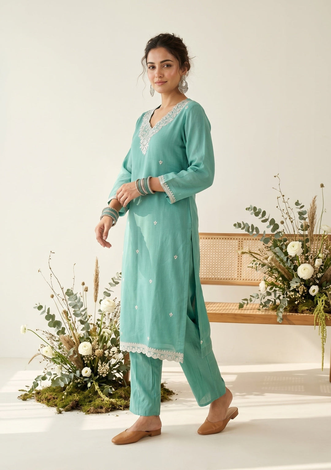 Sea Green Soft Raw Silk Threadwork Straight Kurta With Regular Pant And Dupatta