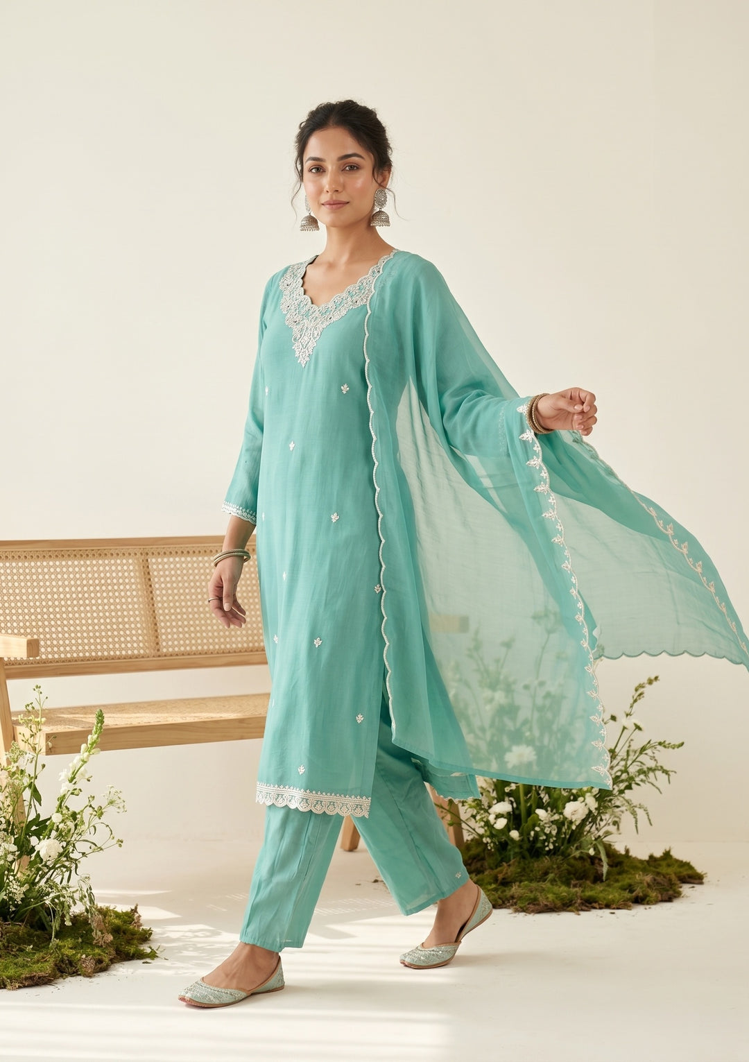 Sky Blue Chanderi Threadwork Straight Kurta With Pant Regular And Dupatta