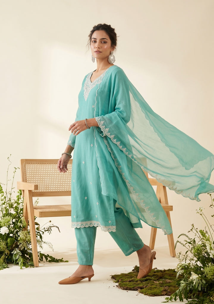 Sky Blue Chanderi Threadwork Straight Kurta With Pant Regular And Dupatta