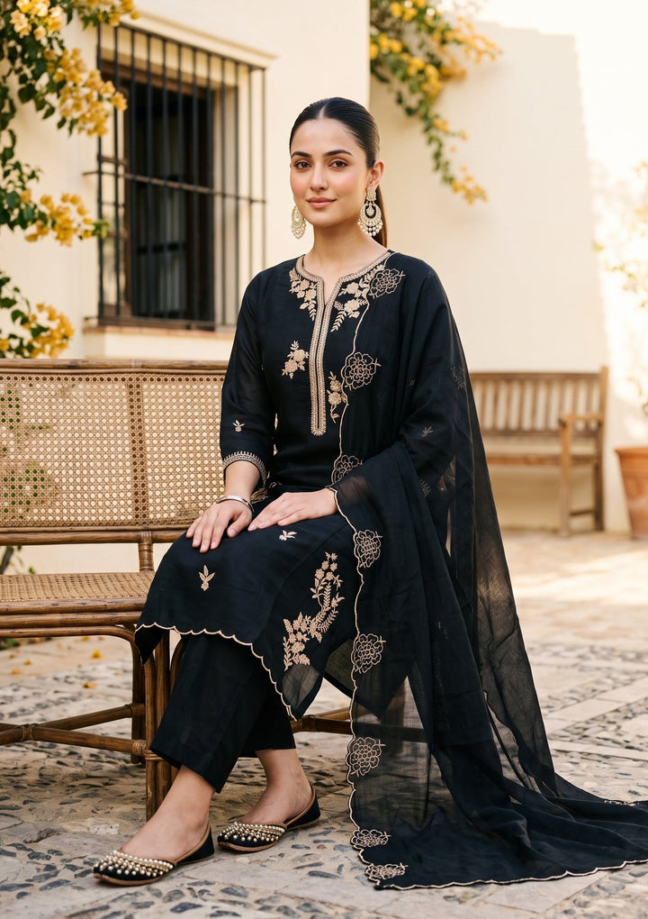 Black Zardozi (Gold) Chanderi Readymade Salwar Suit