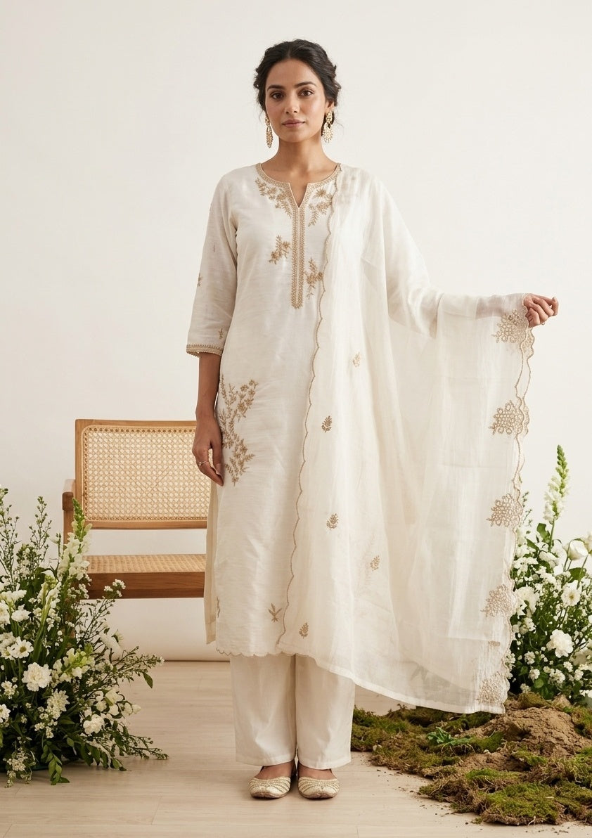 Off White Chanderi Gold Zardozi Straight Kurta With Pant Regular And Dupatta