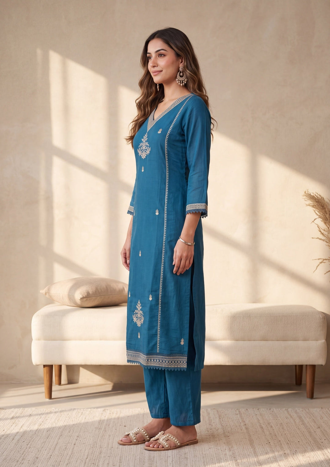 Peacock Blue Zariwork Chanderi Readymade Salwar Suit