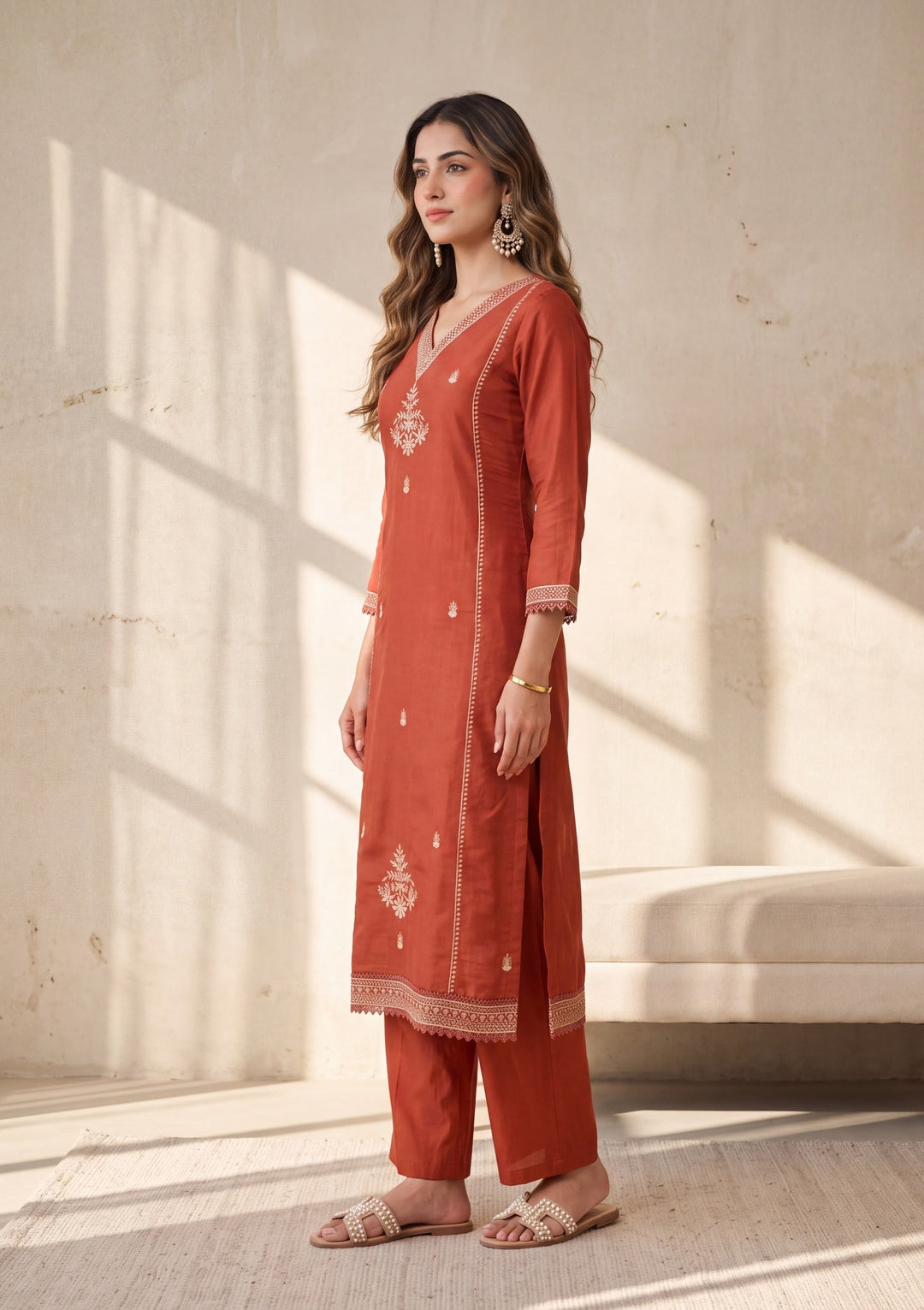 Rust Zariwork Chanderi Readymade Salwar Suit