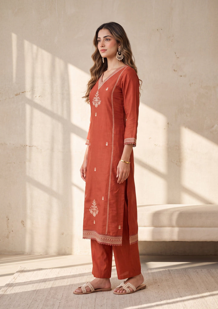 Rust Zariwork Chanderi Readymade Salwar Suit