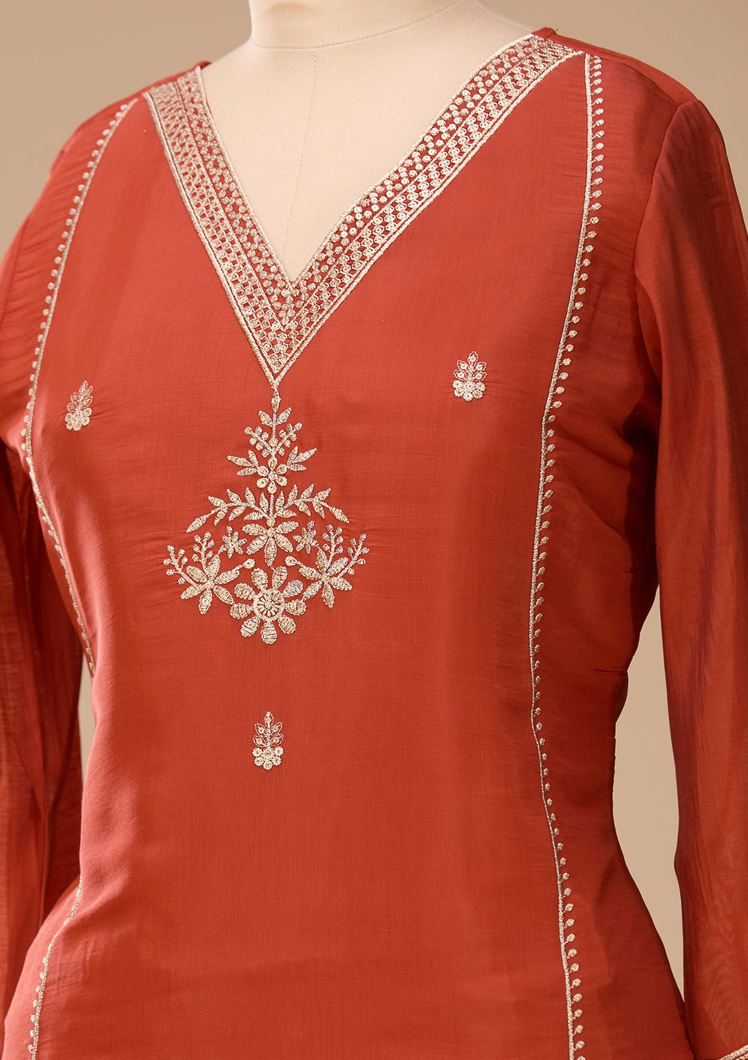 Rust Zariwork Chanderi Readymade Salwar Suit