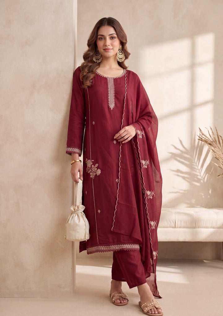 Maroon Chanderi Threadwork Straight Kurta With Regular Pant And Dupatta