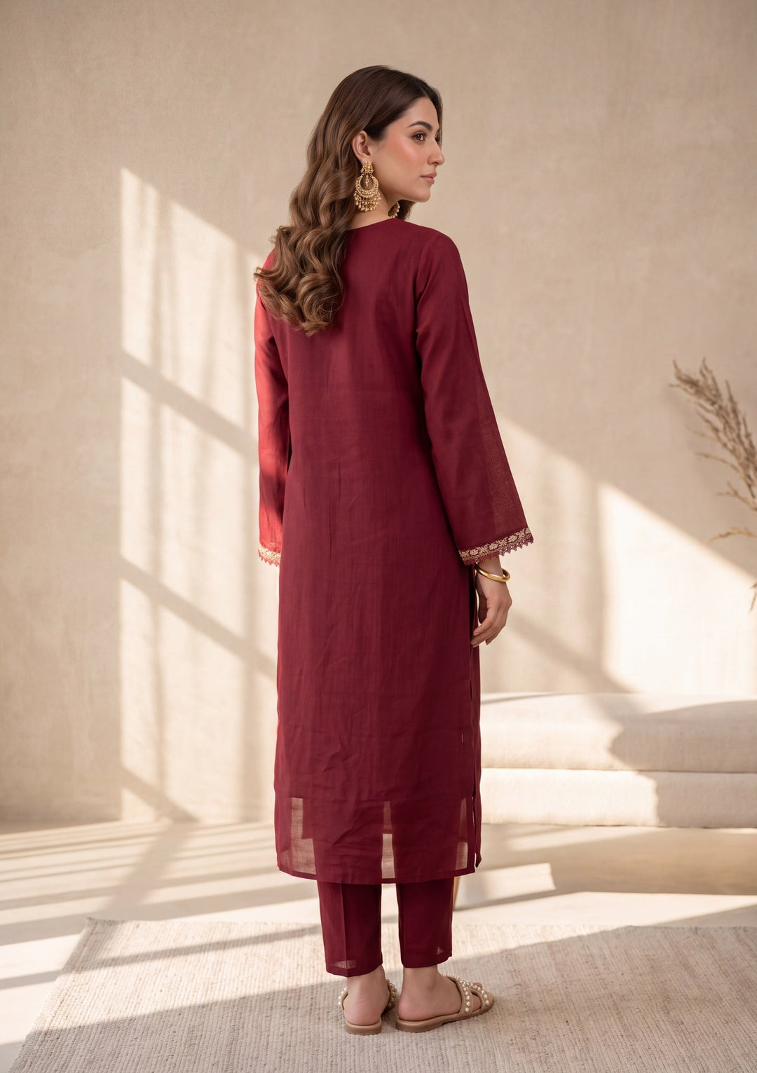 Maroon Chanderi Threadwork Straight Kurta With Regular Pant And Dupatta