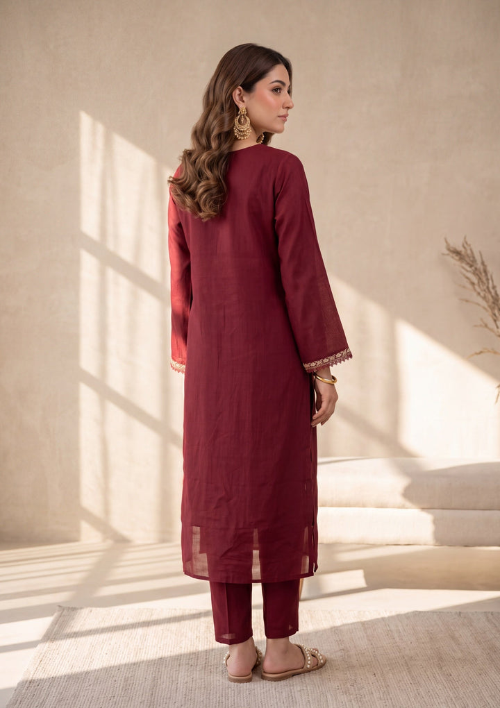 Maroon Chanderi Threadwork Straight Kurta With Regular Pant And Dupatta