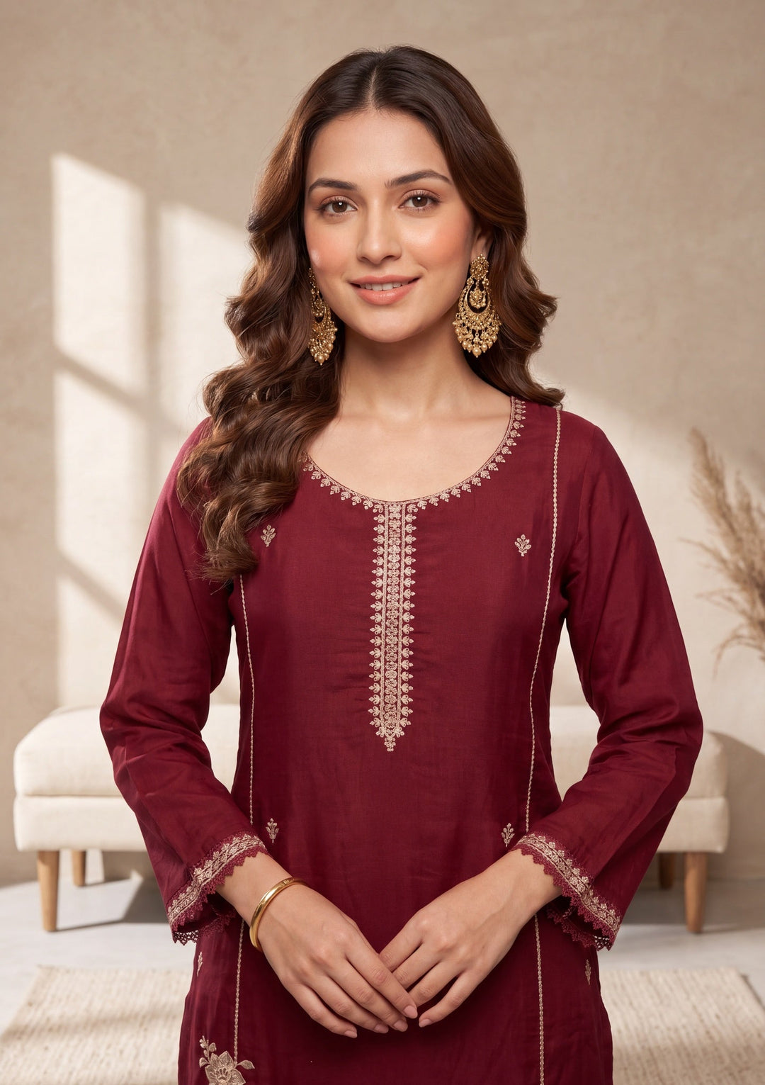 Maroon Chanderi Threadwork Straight Kurta With Regular Pant And Dupatta