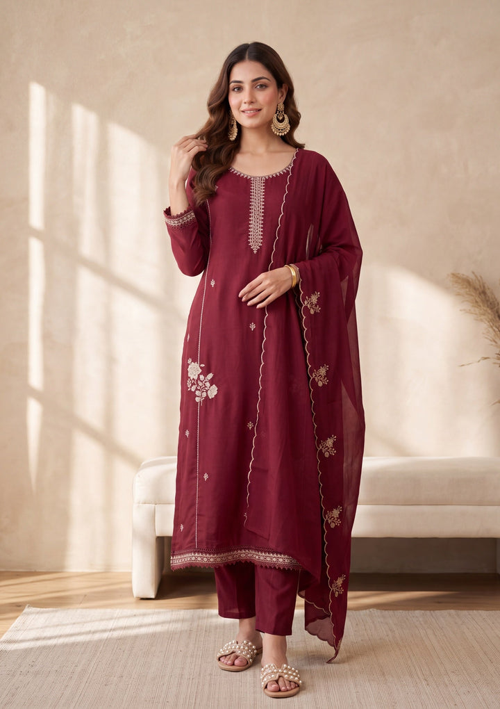 Maroon Chanderi Threadwork Straight Kurta With Regular Pant And Dupatta