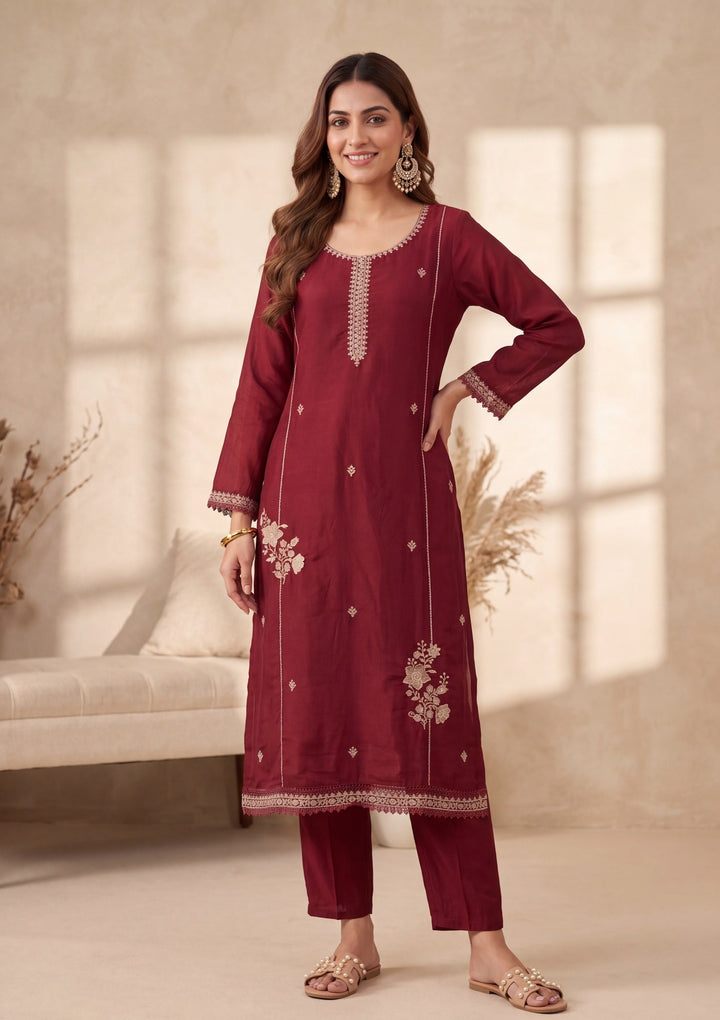 Maroon Chanderi Threadwork Straight Kurta With Regular Pant And Dupatta