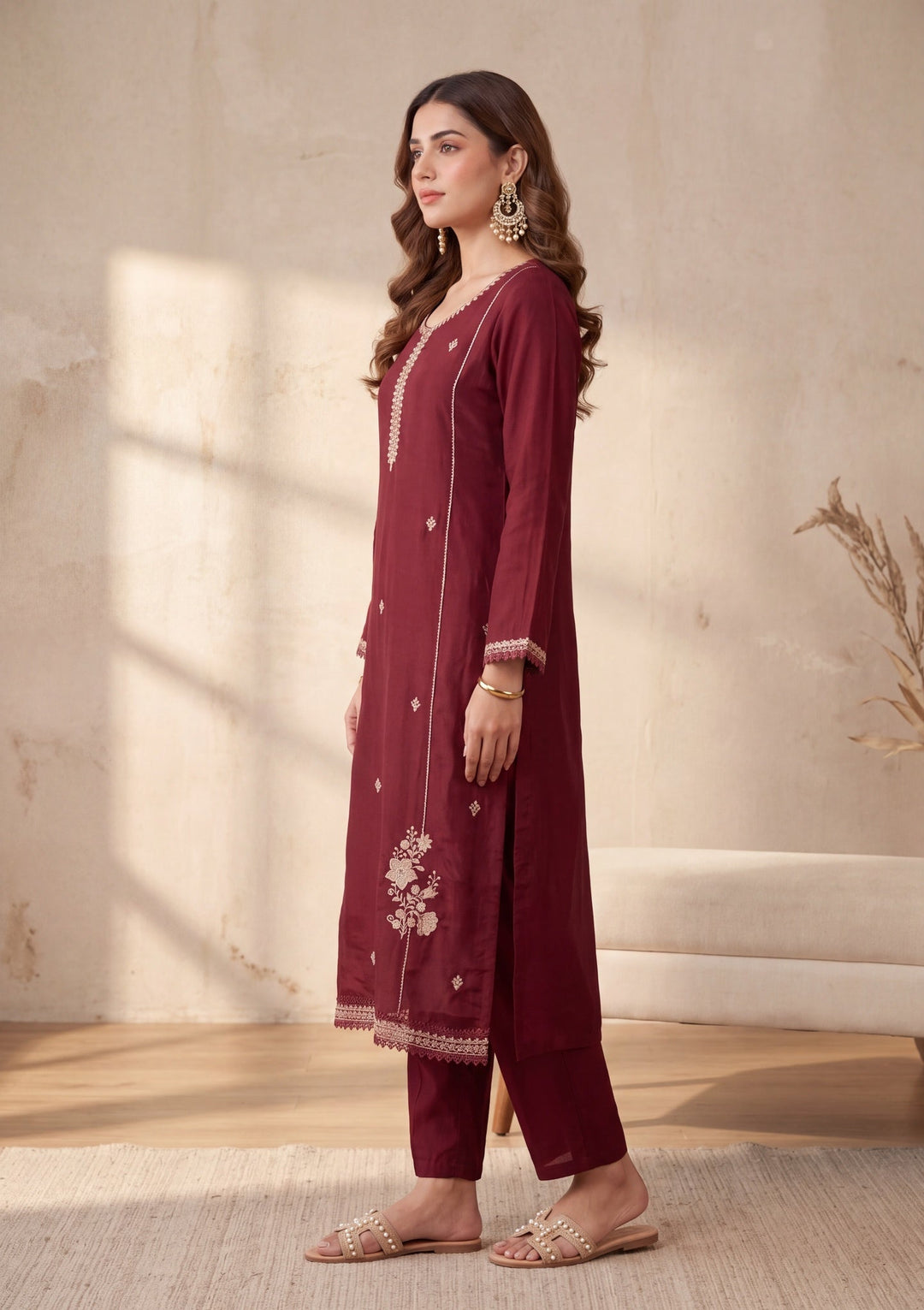 Maroon Chanderi Threadwork Straight Kurta With Regular Pant And Dupatta