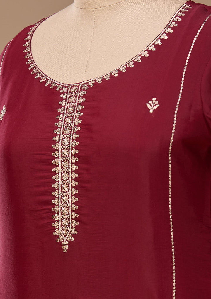 Maroon Chanderi Threadwork Straight Kurta With Regular Pant And Dupatta