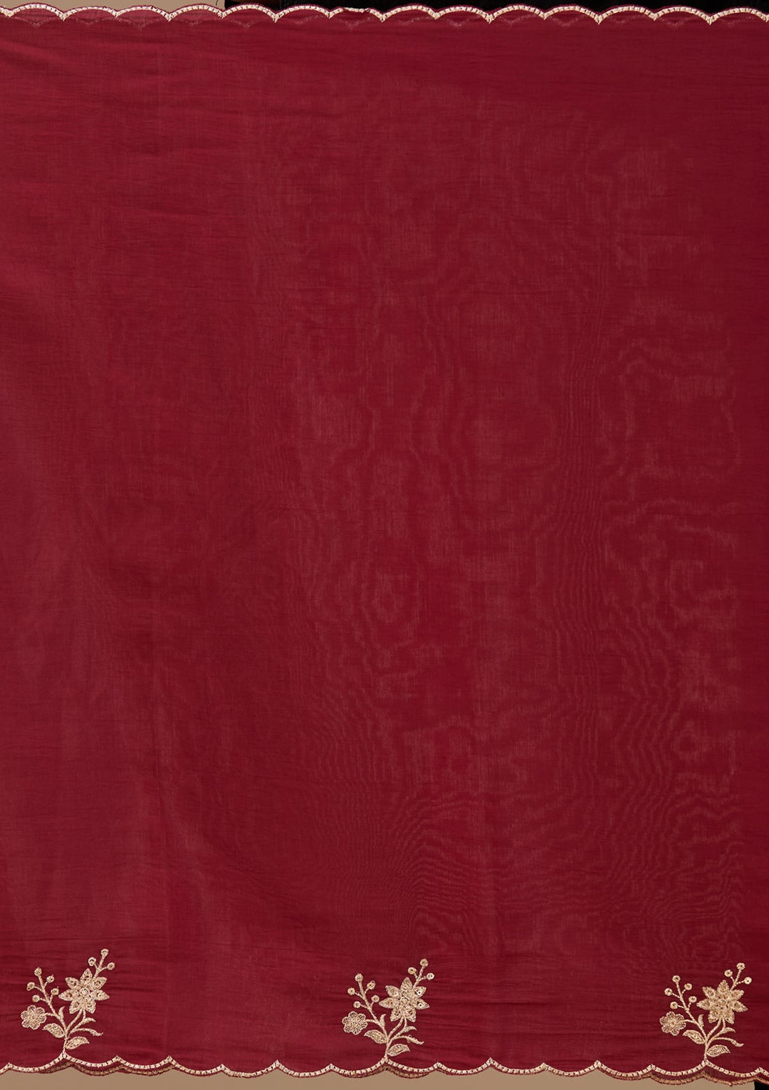 Maroon Chanderi Threadwork Straight Kurta With Regular Pant And Dupatta