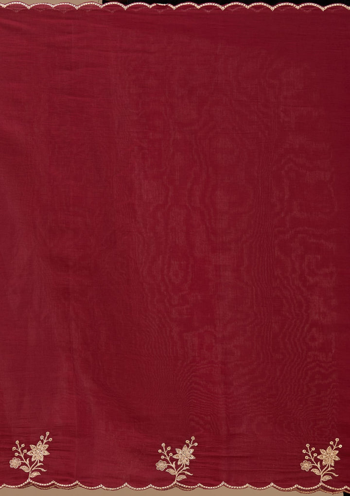 Maroon Chanderi Threadwork Straight Kurta With Regular Pant And Dupatta