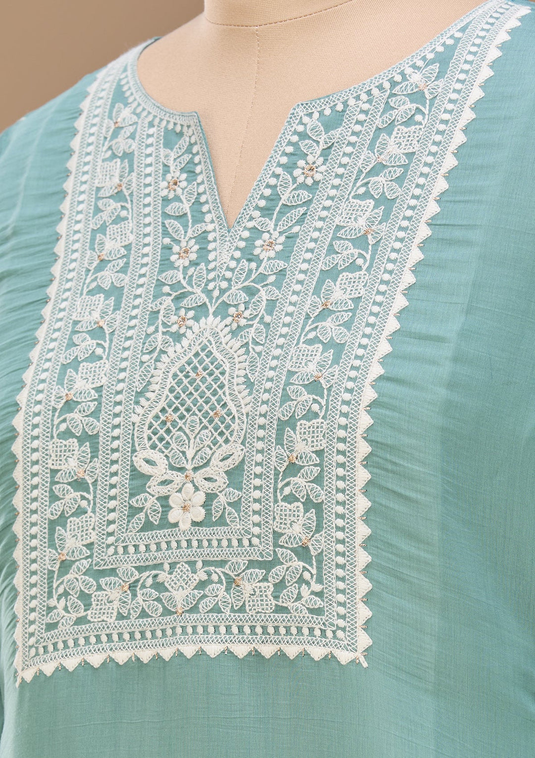Sea Green Cording Chanderi Readymade Salwar Suit